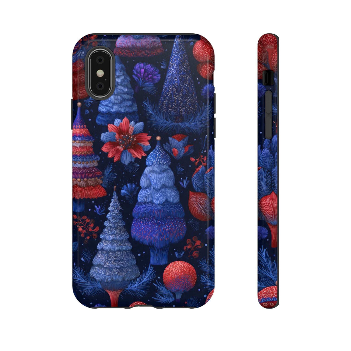 Glossy midnight blue phone case with Christmas forest design; front panel and slim side strip.