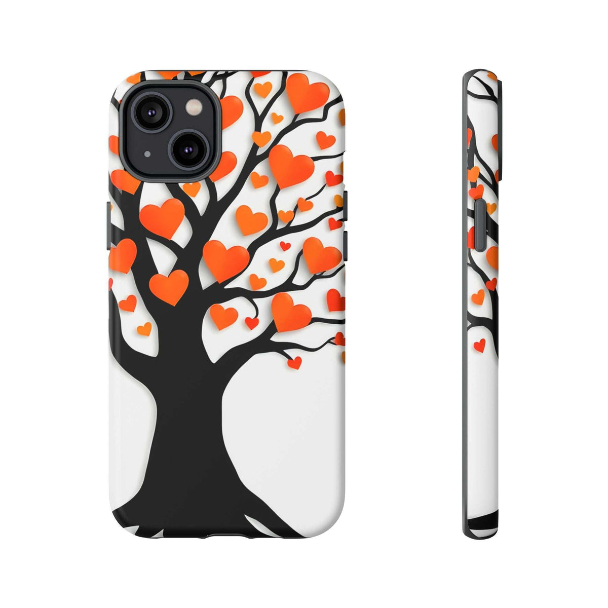 Phone case with heart tree design, orange and red hearts, front and side profile