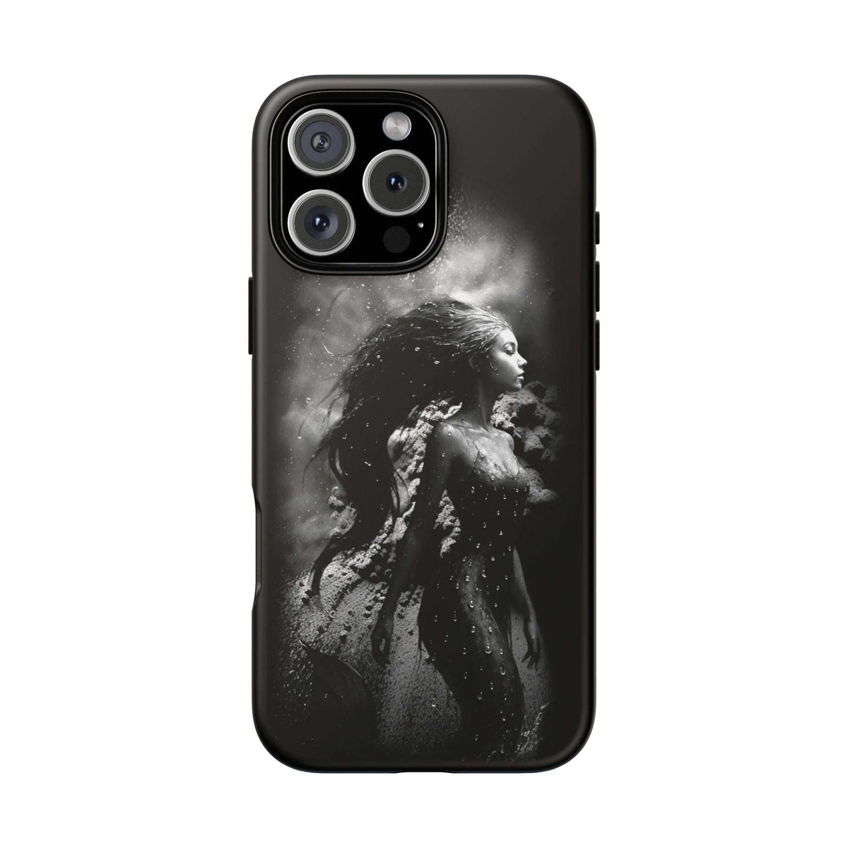 Monochrome mermaid phone case, black, front view with camera cutouts and mermaid artwork