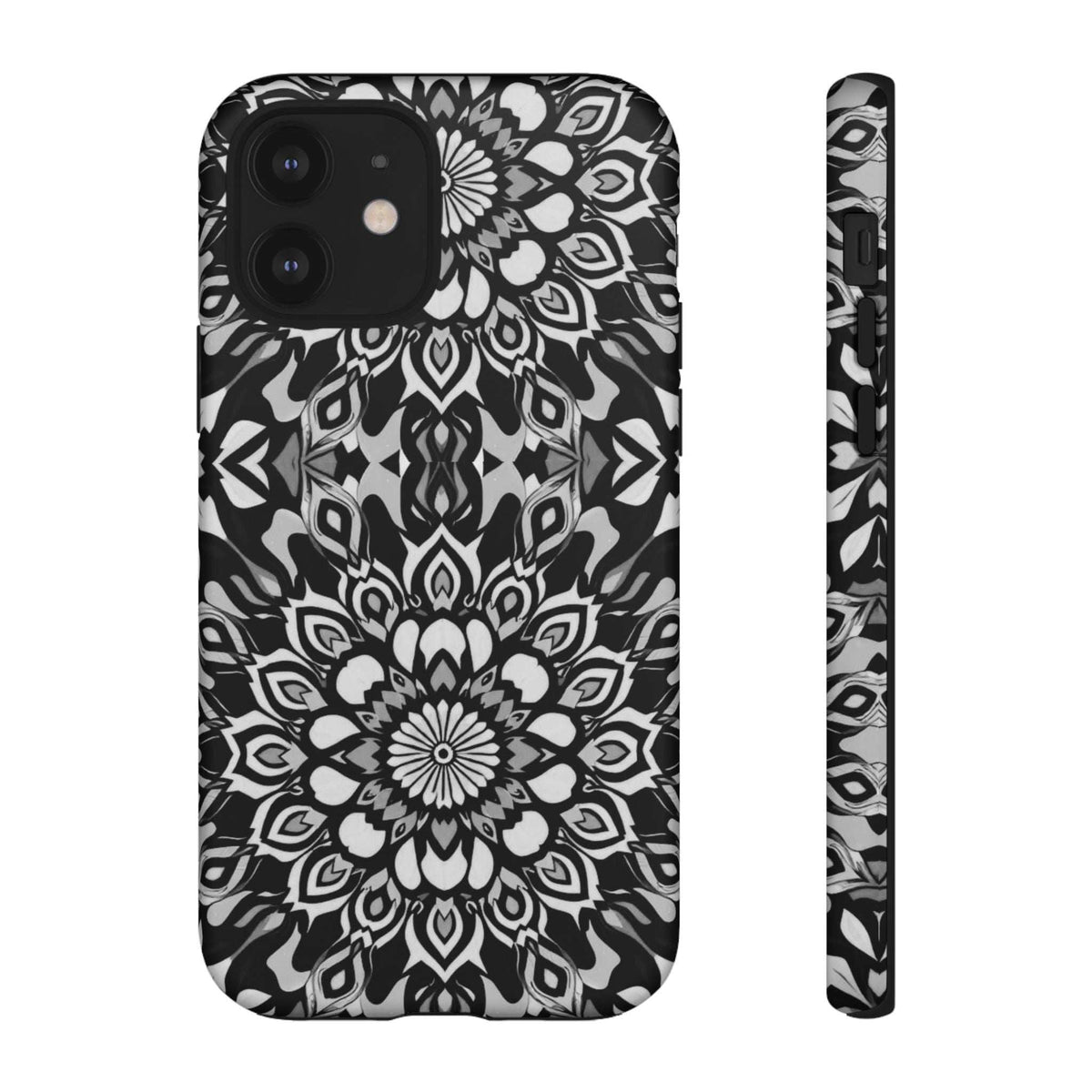 Mandala phone case with black-and-white mandala design, camera cutouts, and patterned side edge