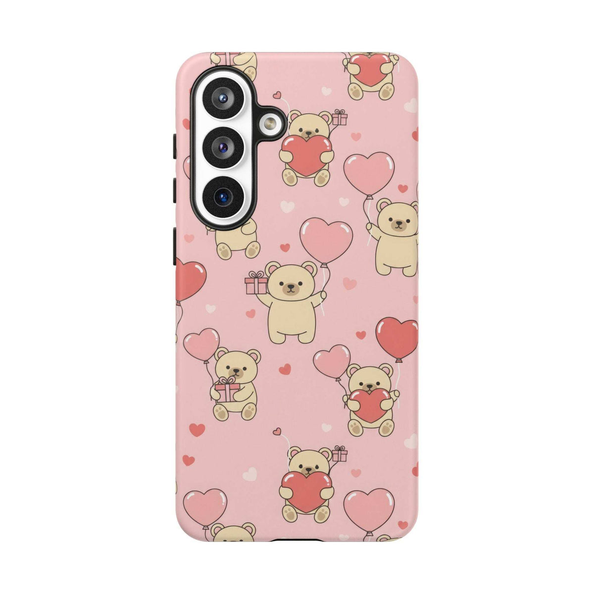 Pink phone case with teddy bears and hearts pattern, angled rear view with camera cutouts