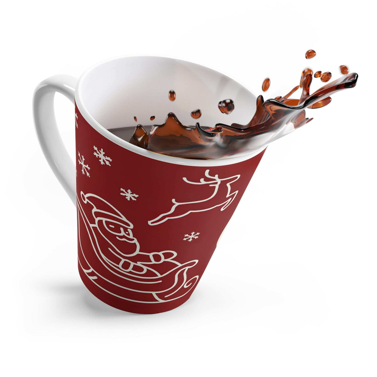 Latte mug in burgundy and white with holiday line art, with coffee splash over top