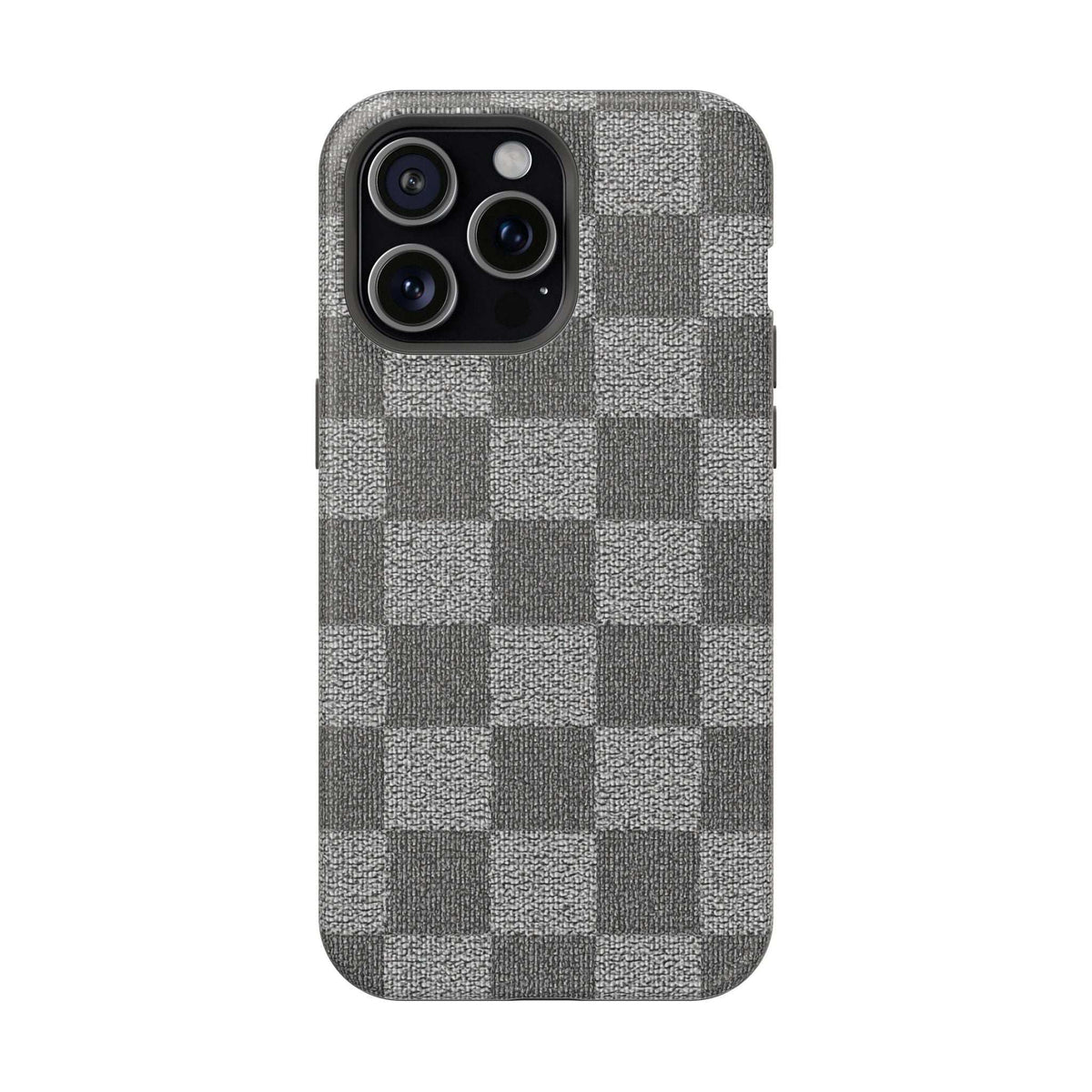 Gray checkered phone case with fabric texture; triple camera openings on rear panel