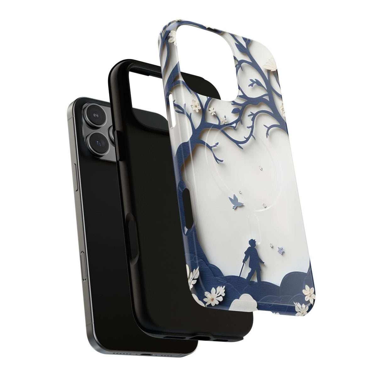 Phone case shown from side, blue nature silhouette print with tree branches and camera cutout
