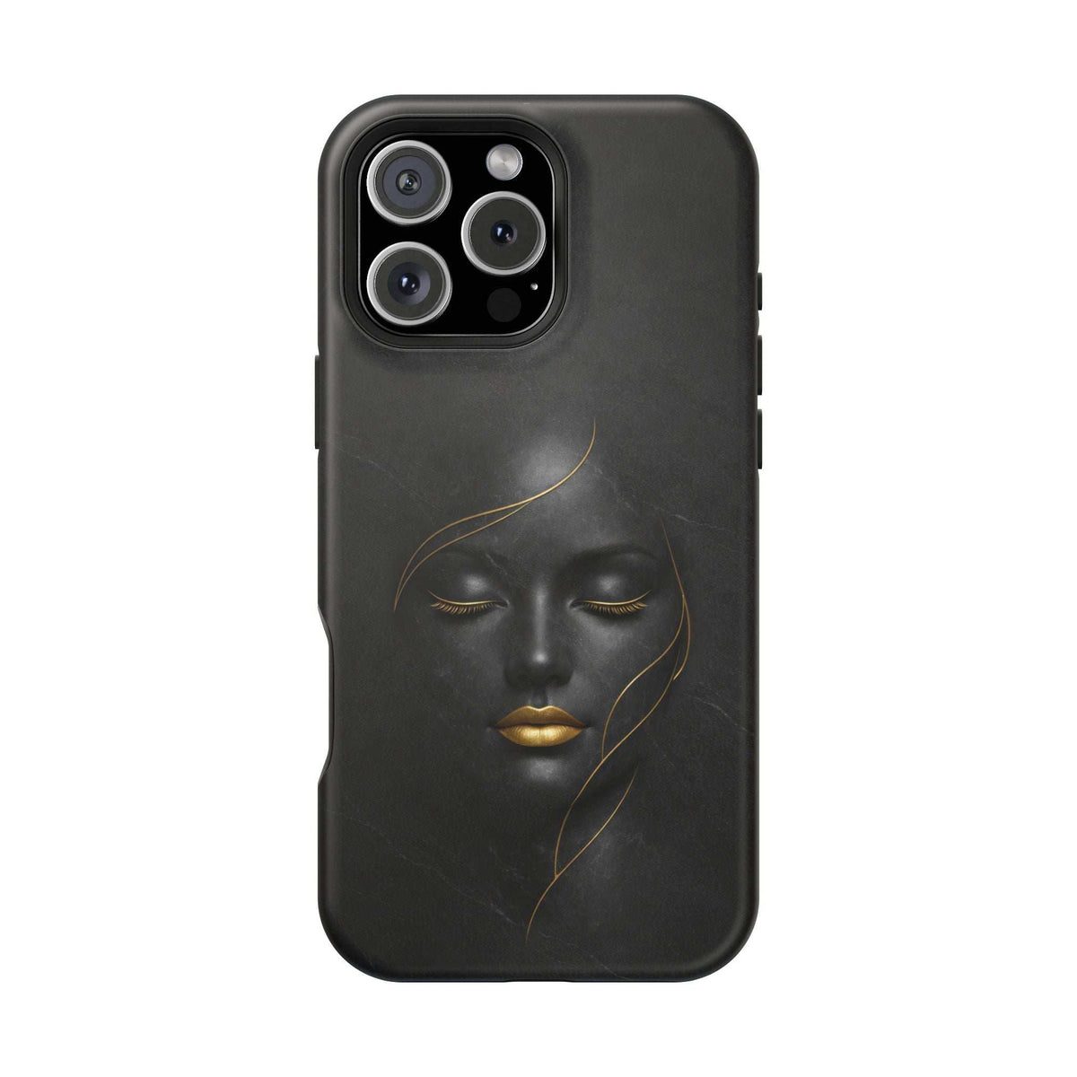 Black phone case with gold face artwork and openings for multi-lens camera module