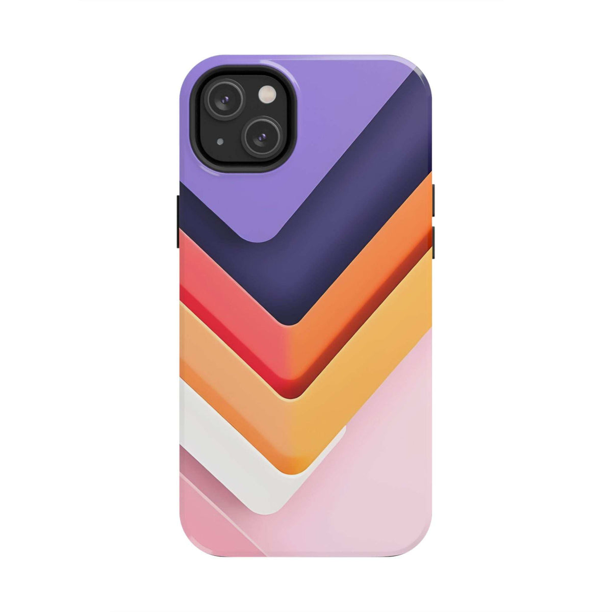 Phone case front view with geometric chevron stripes in purple/navy and warm orange tones