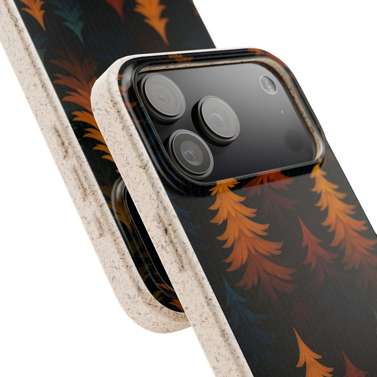 Biodegradable phone case pair, forest tree printed back with camera lens cutouts