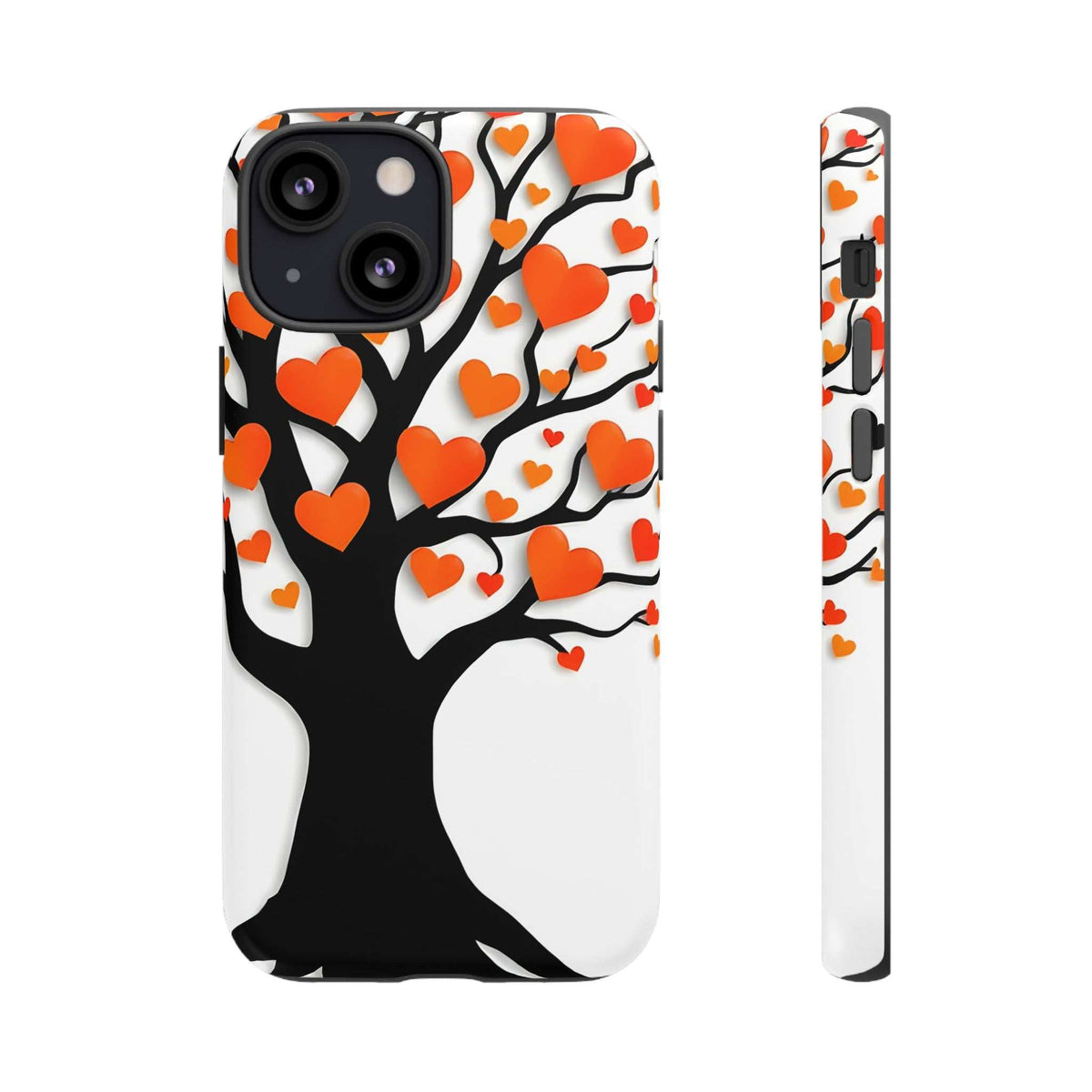 Heart tree phone case with orange hearts, front view with raised camera area