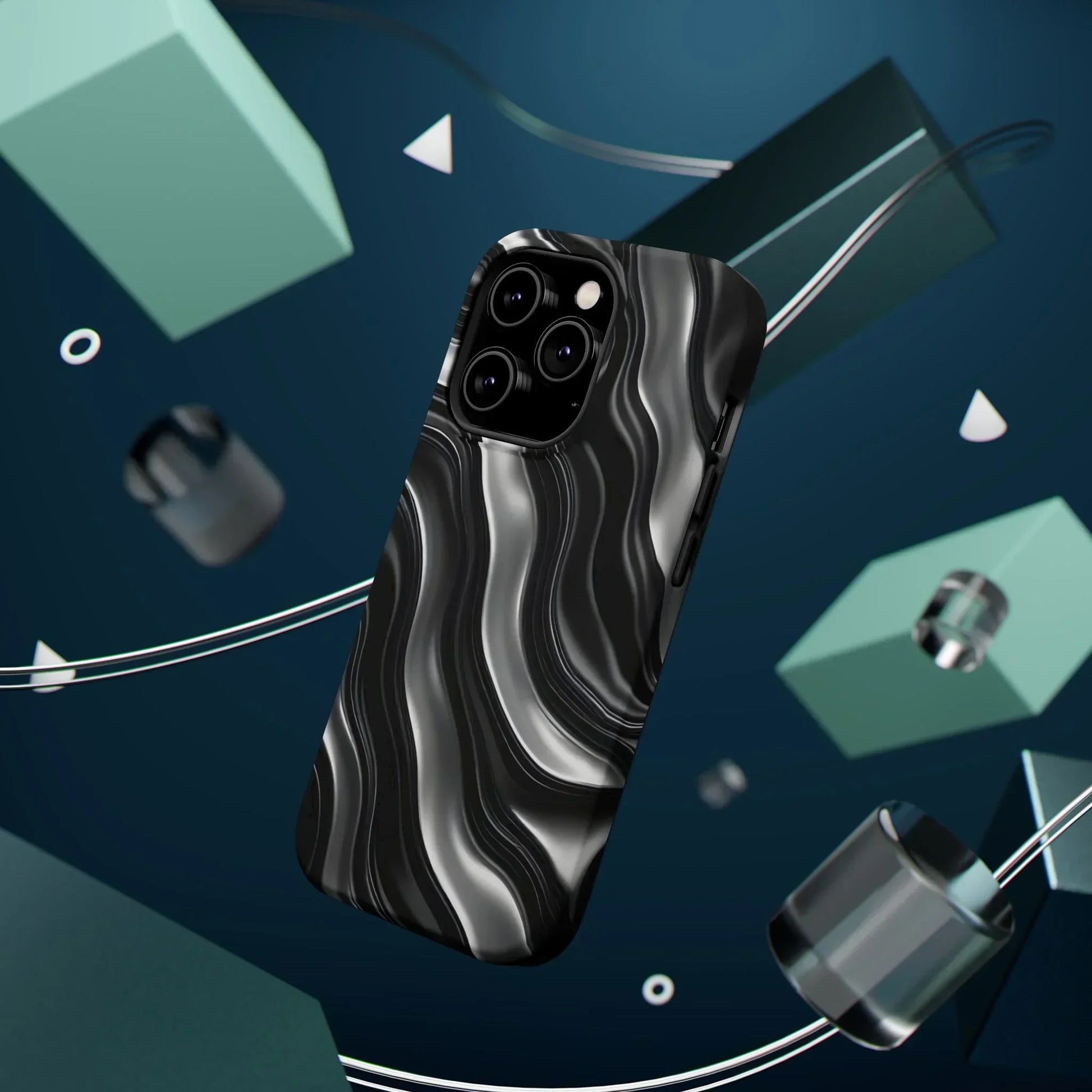 Wavy Illusion Black & Silver MagSafe® Tough Phone Case - KarArmDesign
