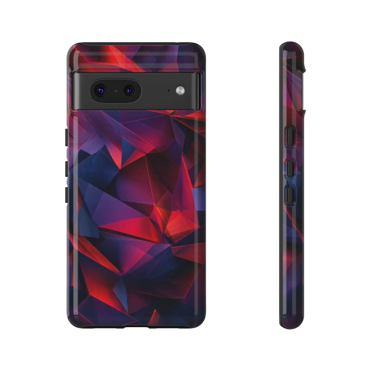 Glossy phone case back view with faceted prism pattern and protective camera bezel