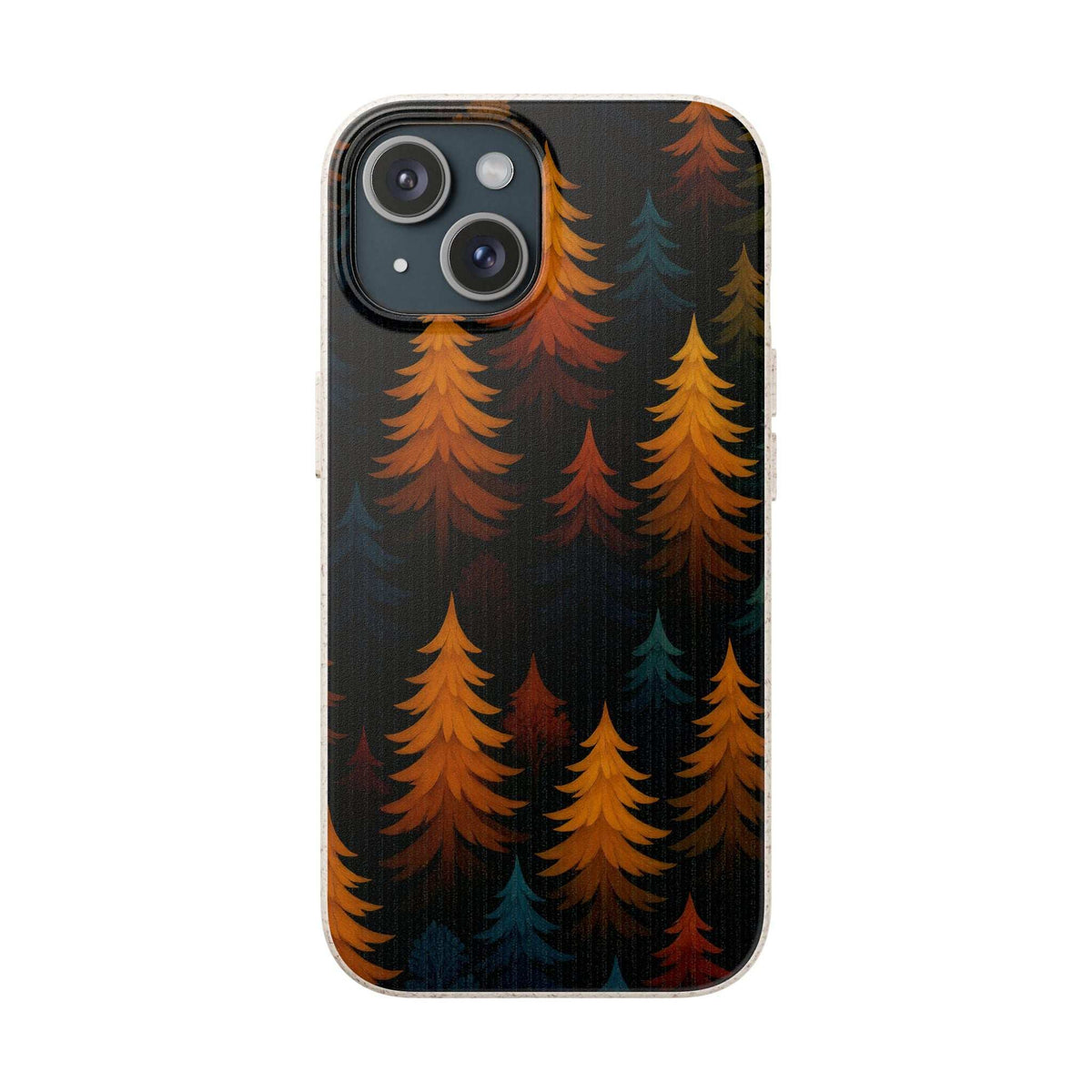 Back of biodegradable phone case with pine tree pattern and camera lens cutouts