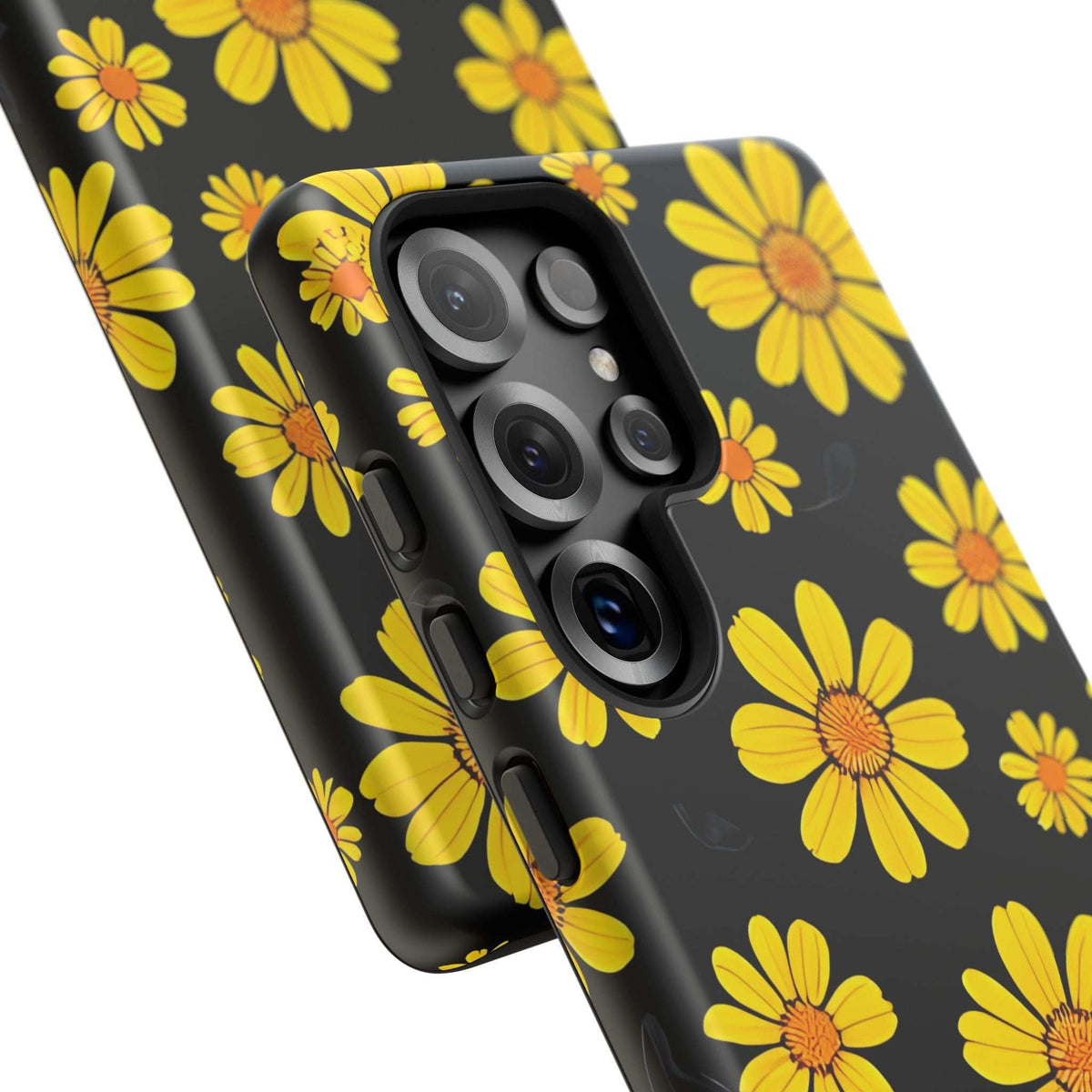Black phone case with yellow daisy floral pattern and camera cutout