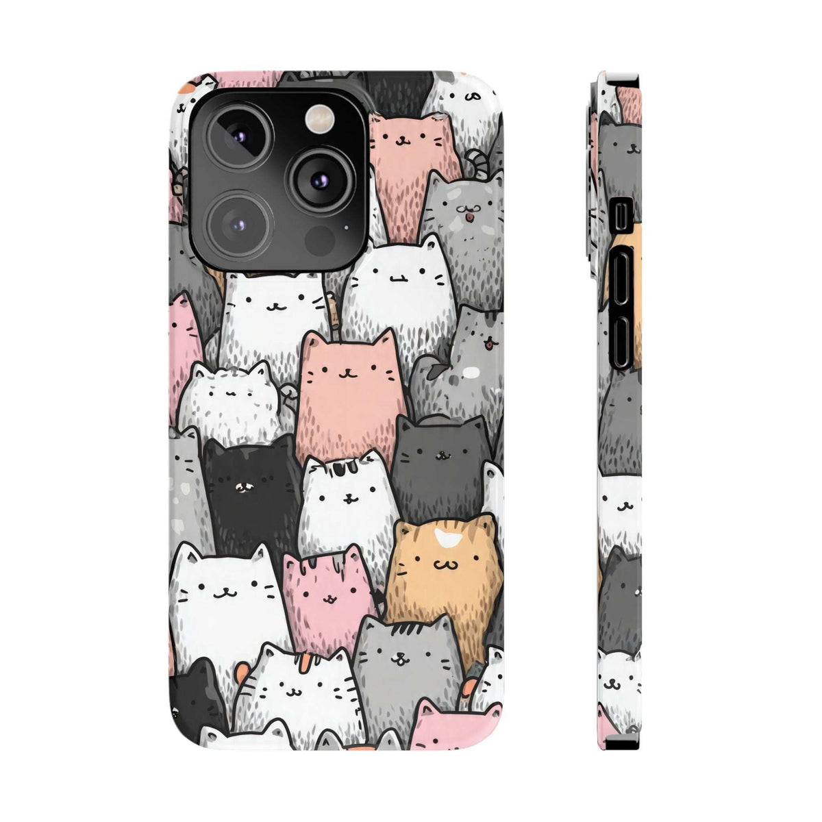 Cat phone case with colorful cat faces and full camera openings; gray background and pink cats.