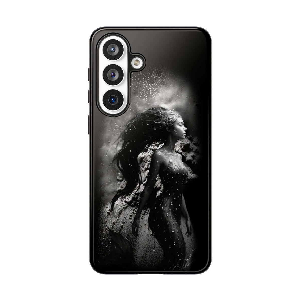 Black mermaid-themed phone case with triple-lens camera module