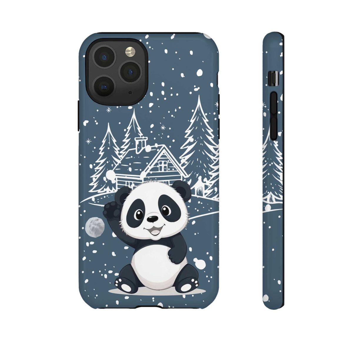 Dark blue iPhone phone case with panda and snowy forest; back camera cutout visible.