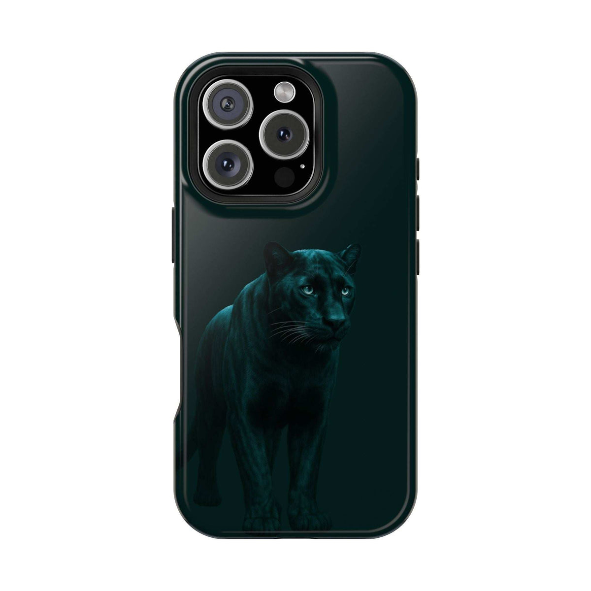 Dark phone case angled view with panther graphic and camera lens openings