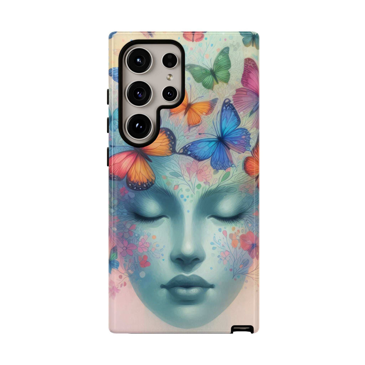 Phone case back view with colorful butterfly and pastel face design, camera openings visible.
