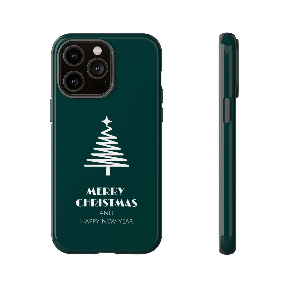 Dark green glossy phone case with white Christmas tree and “Merry Christmas” text