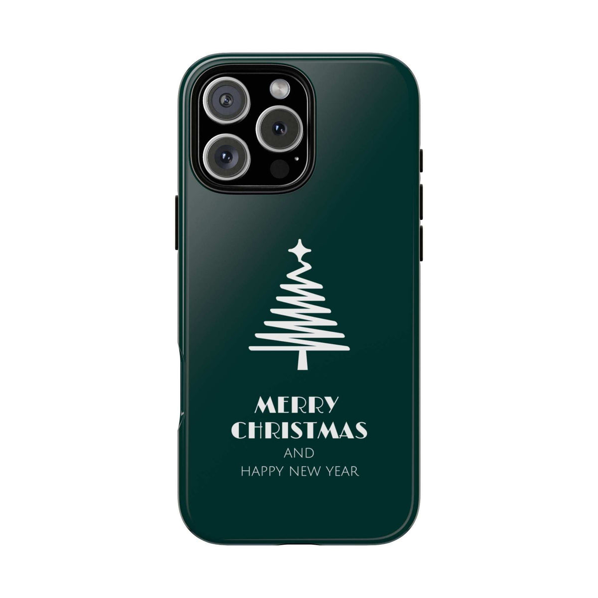 Green phone case with Merry Christmas tree design, camera cutout, and side buttons