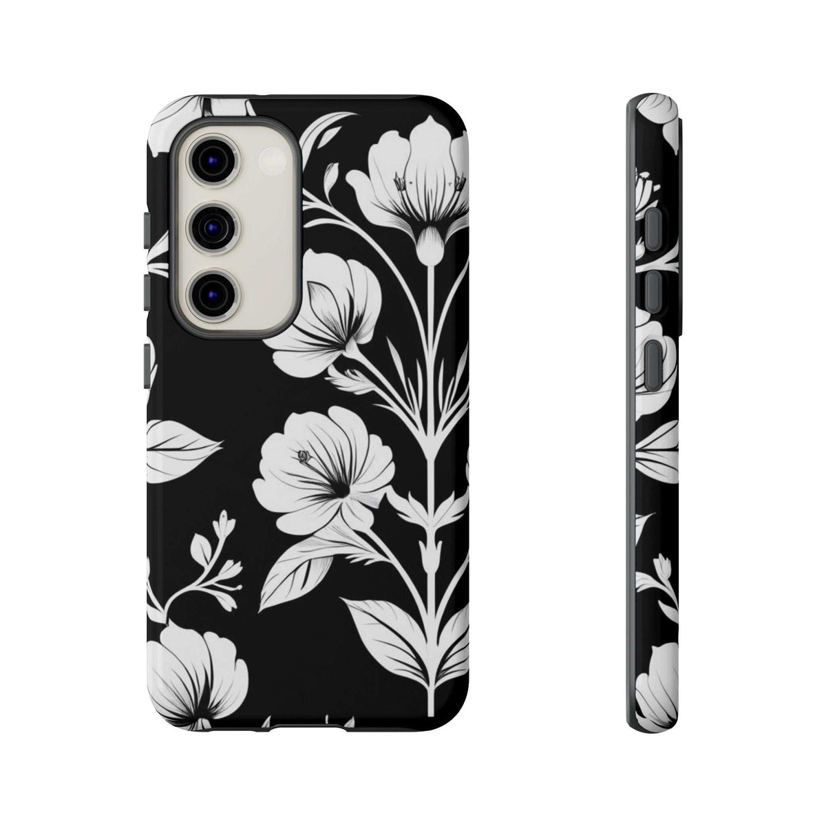 Black floral phone case with white blossoms; front-facing cutouts and side edge shown.