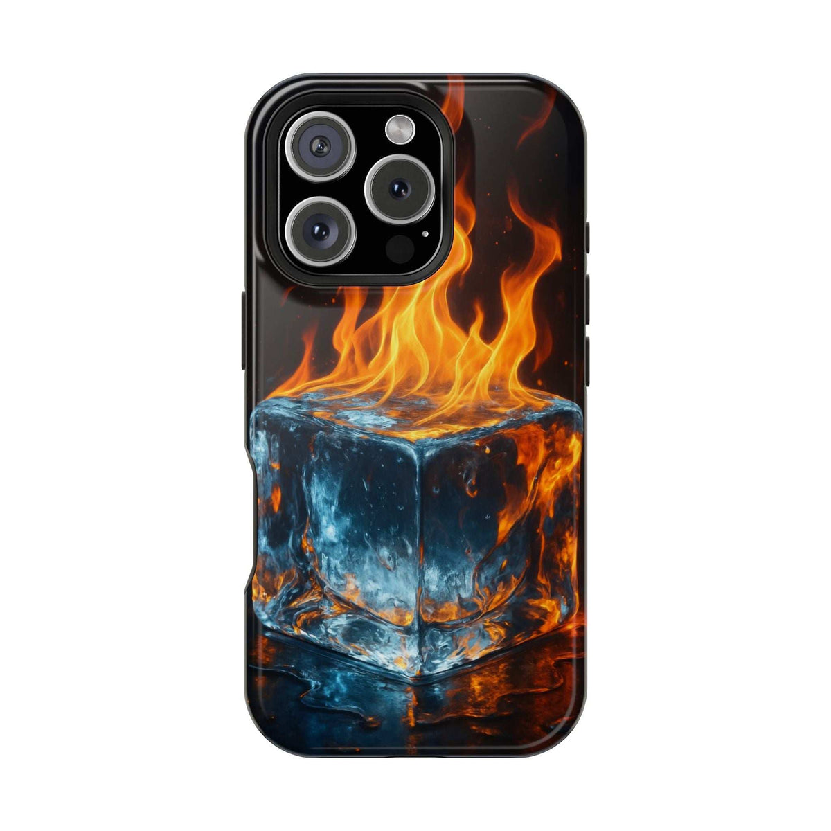 Flame ice phone case with flaming orange and blue skull design, raised camera openings