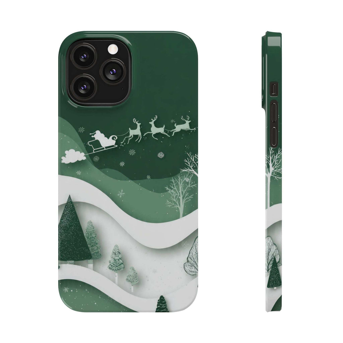 Green phone case with snowy waves, reindeer and sleigh; back view and side profile