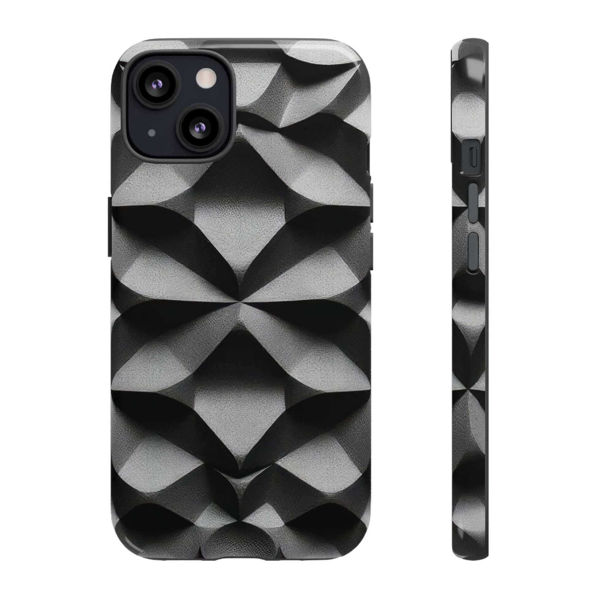Black phone case with geometric diamond pattern, camera cutouts and reinforced edges