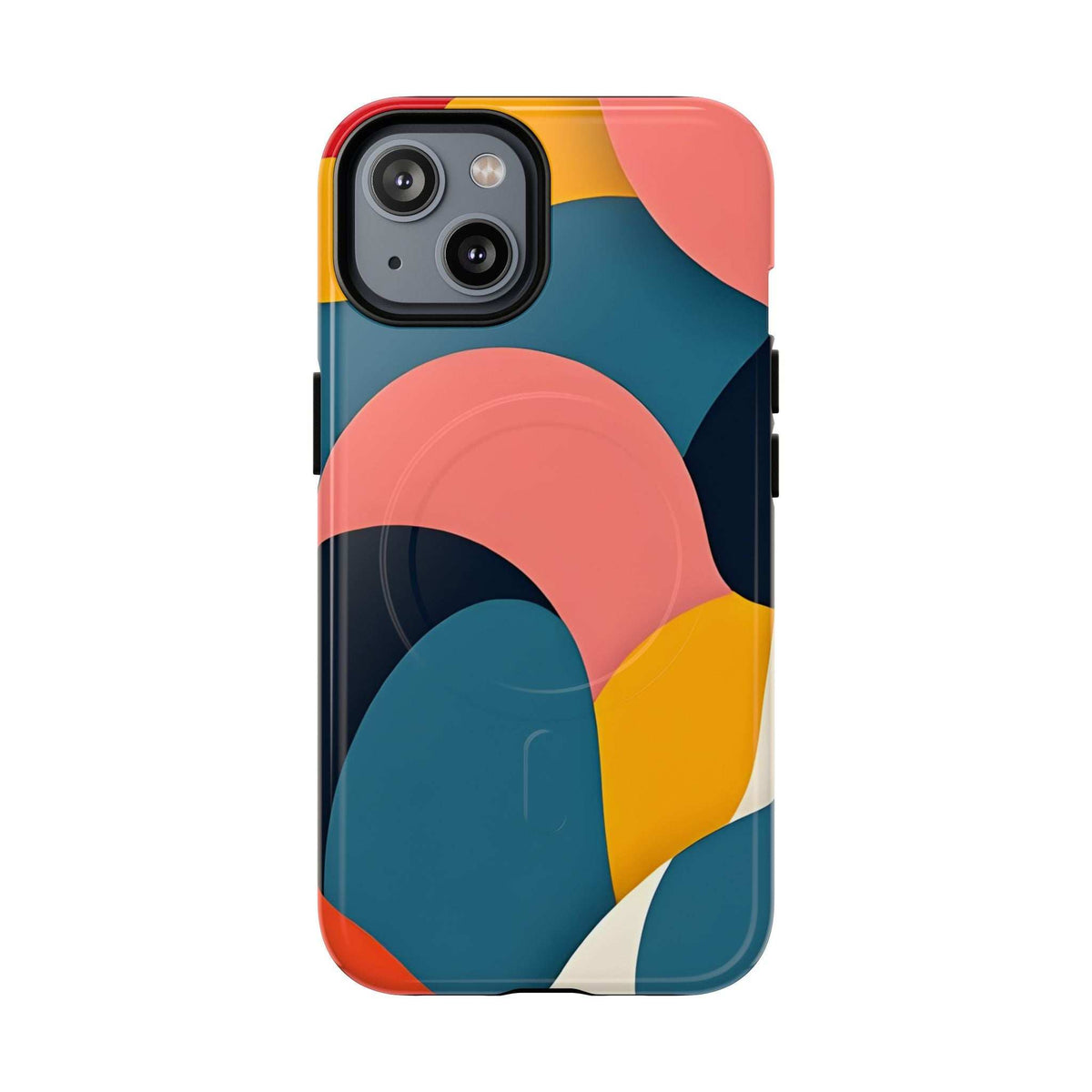 Colorful abstract iPhone phone case with teal, coral, yellow shapes and triple camera cutout