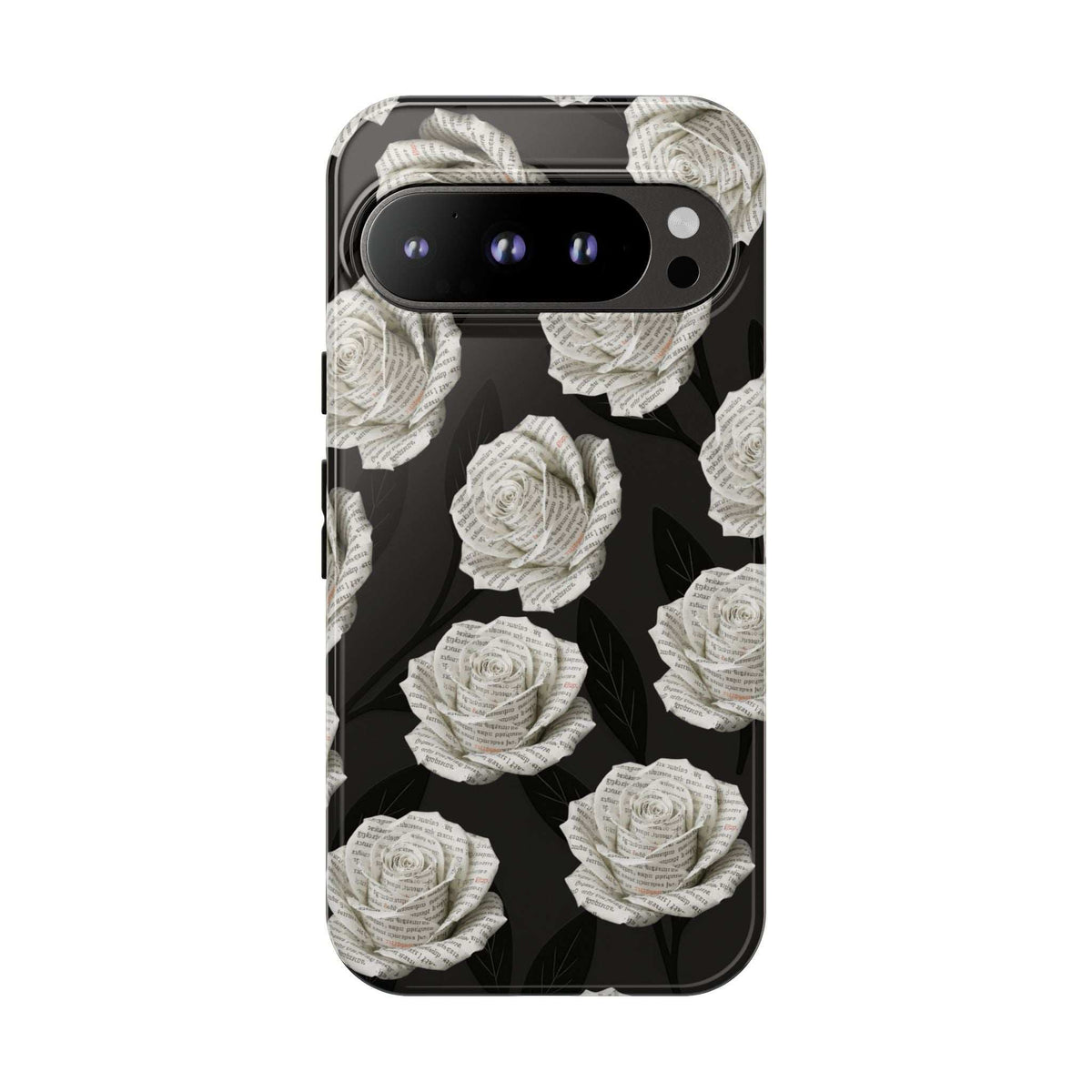 Phone case with black background and white rose pattern; dual-lens camera cutout at the top edge.