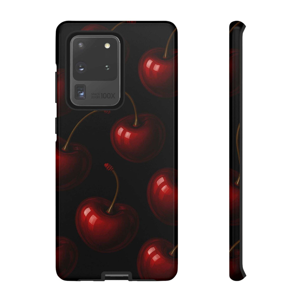 Cherry phone case back view with glossy red cherries on dark surface and charging port opening