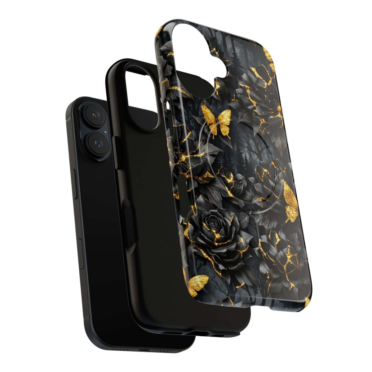 Black phone case with gold crackle florals and butterfly accents; front cover opening.