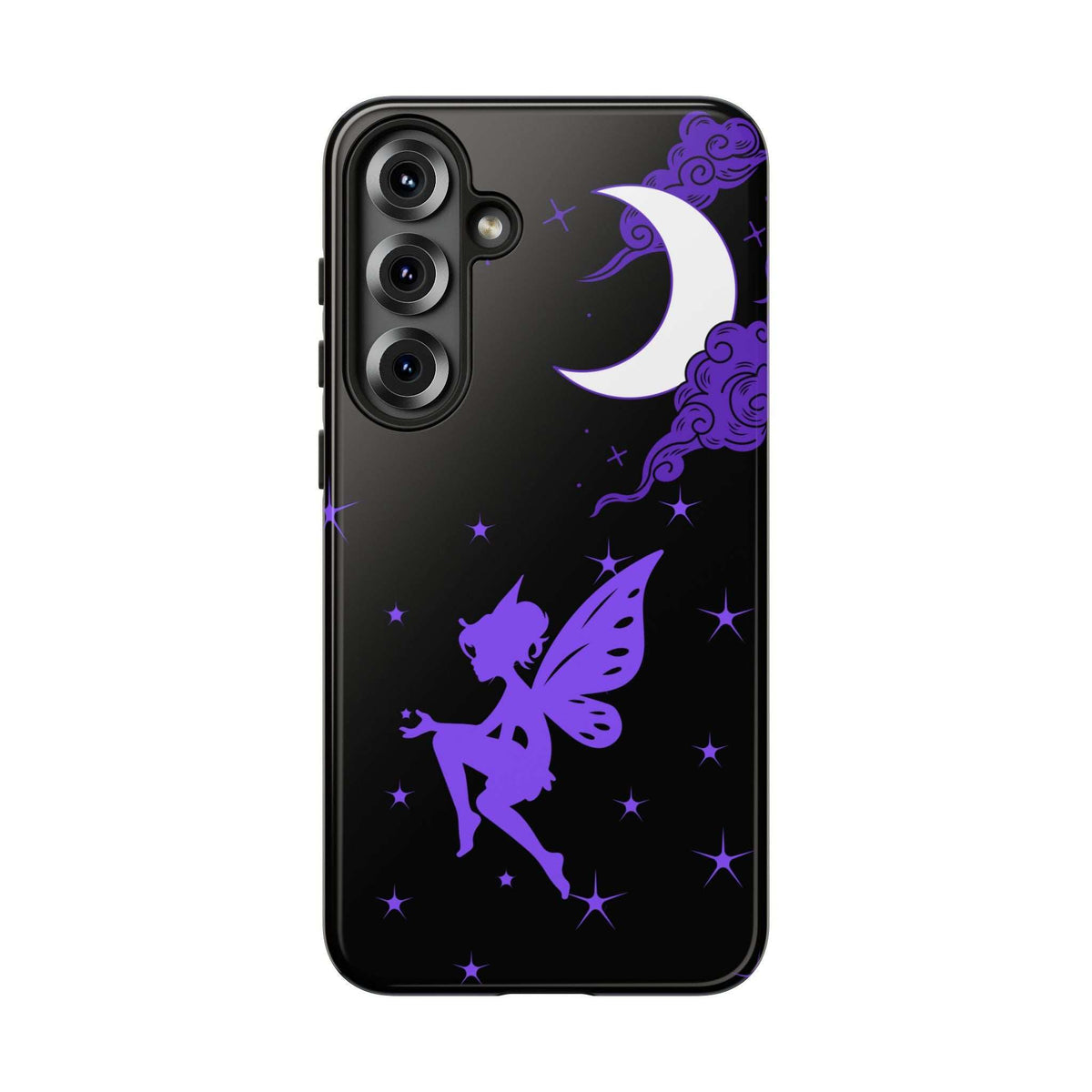 Black phone case with purple fairy, crescent moon, swirling clouds, and star pattern; camera cutouts