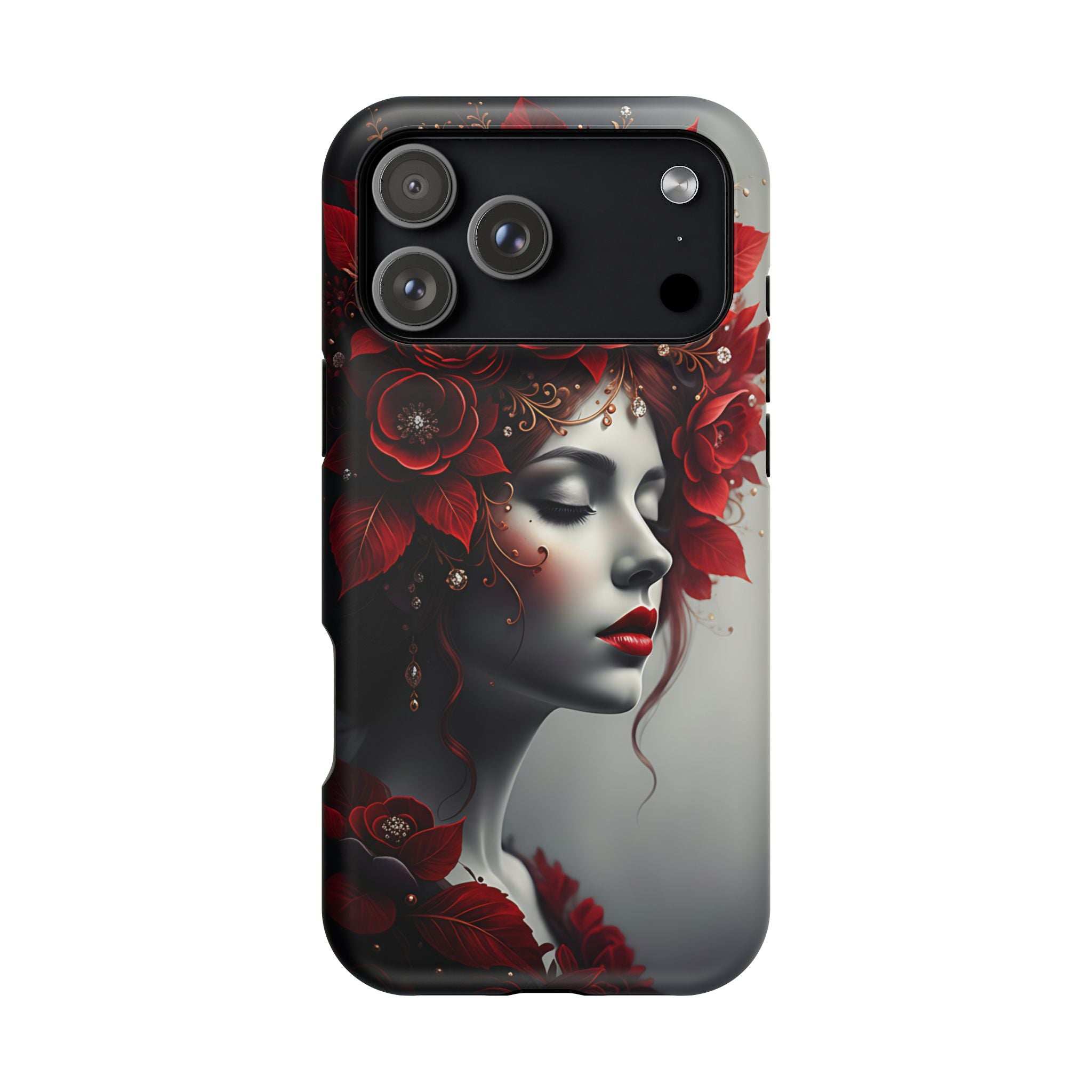 Portrait phone case with red flower artwork and side-profile woman face; rear camera openings.