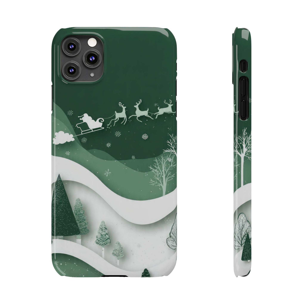 Green phone case with snowy landscape waves, reindeer and sleigh; side profile