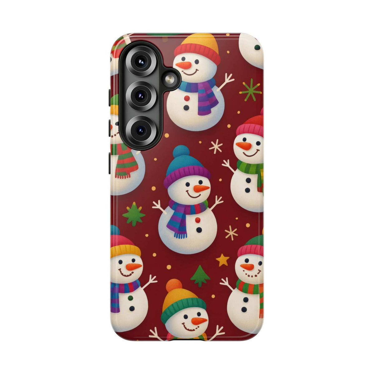 KARARMDESIGN glossy festive snowmen phone case, visible triple camera cutout on red pattern