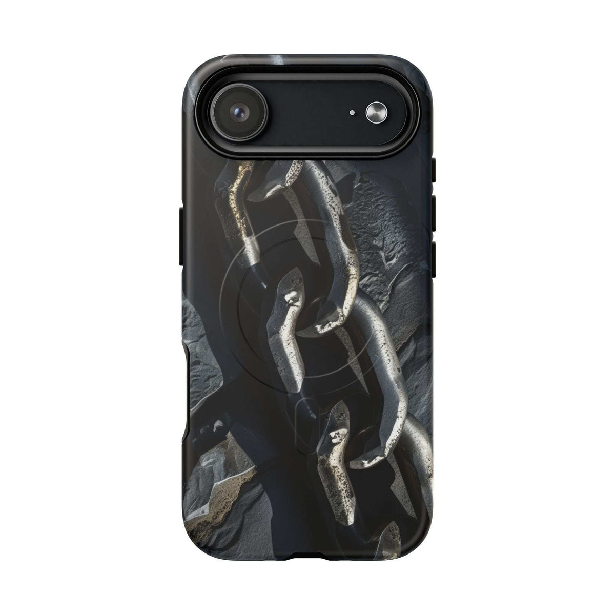 Black phone case with iron chain design, large top camera cutouts, and flash