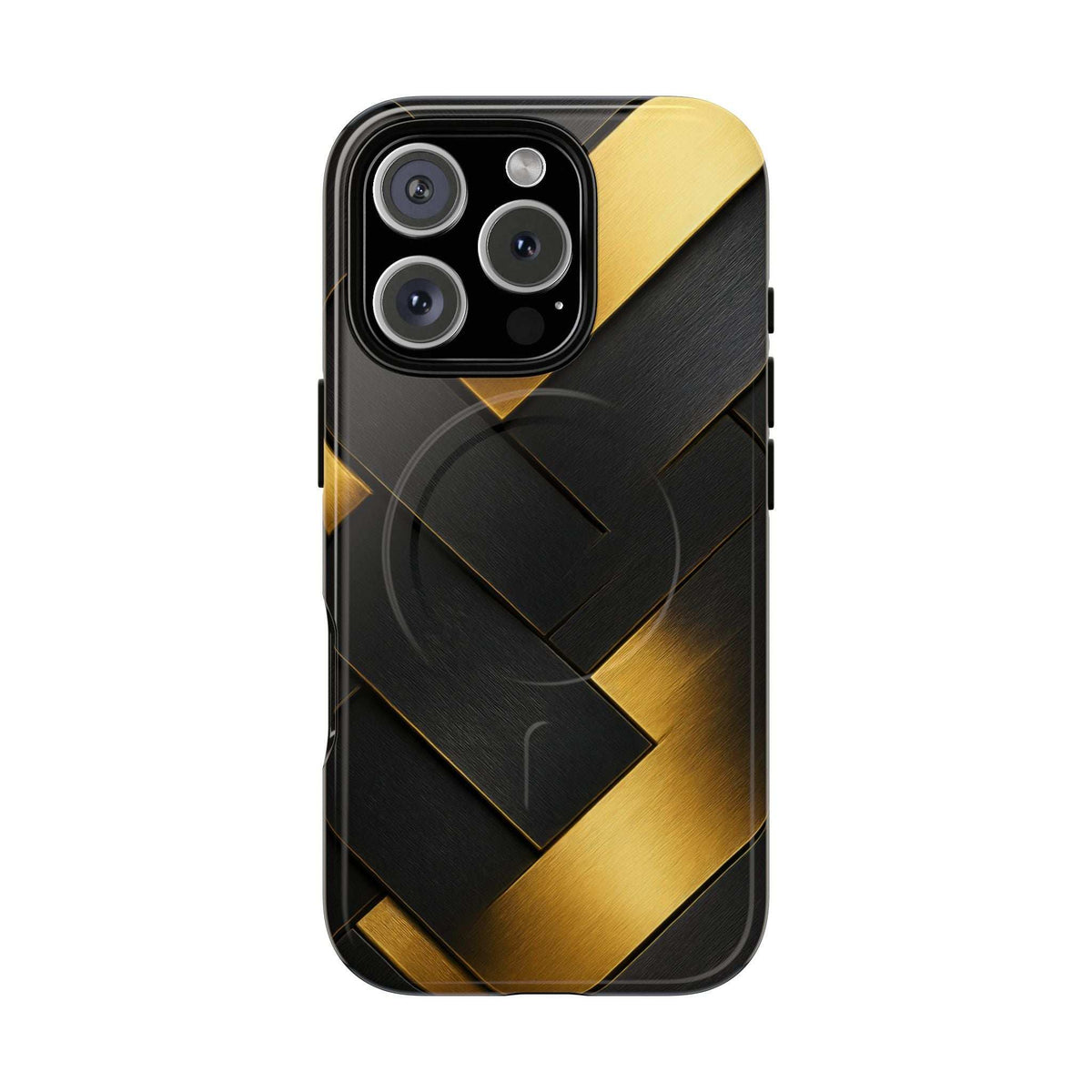 Glossy black phone case with gold geometric chevron lines and camera cutouts