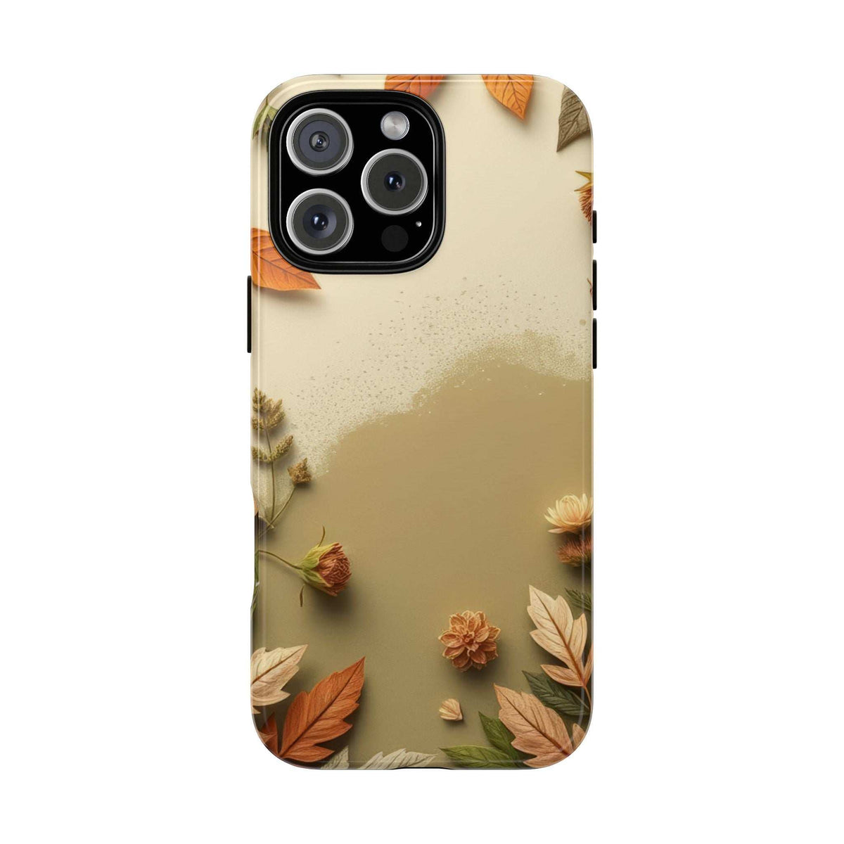Phone case with beige background, orange leaves, and small floral details; camera cutout