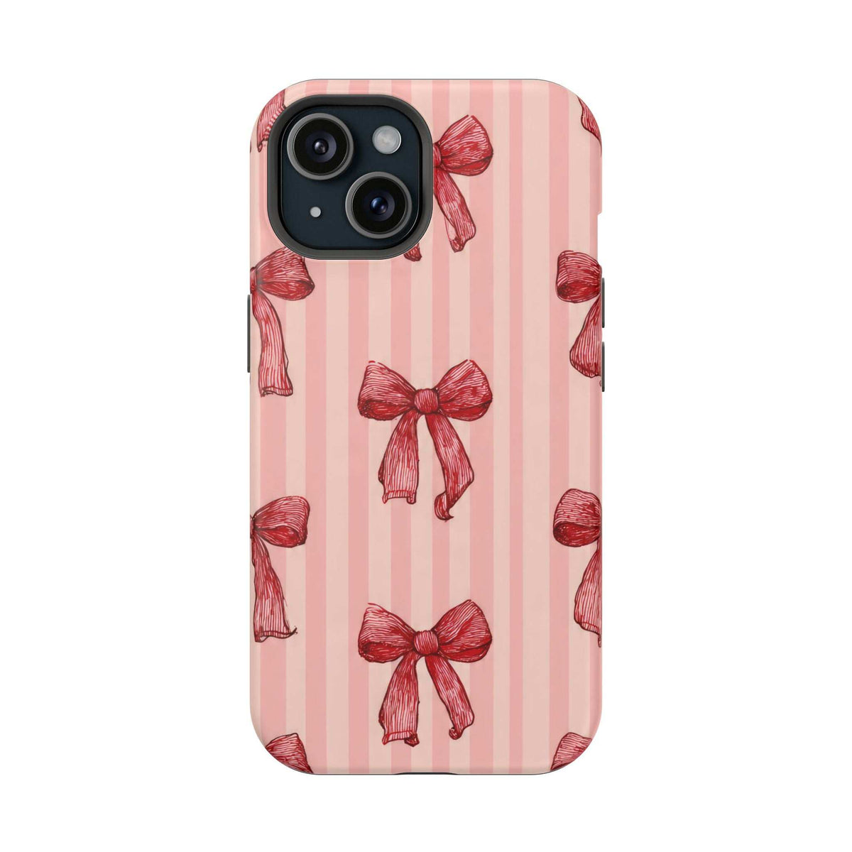 Pink striped phone case with red bow pattern; black camera cutout on back