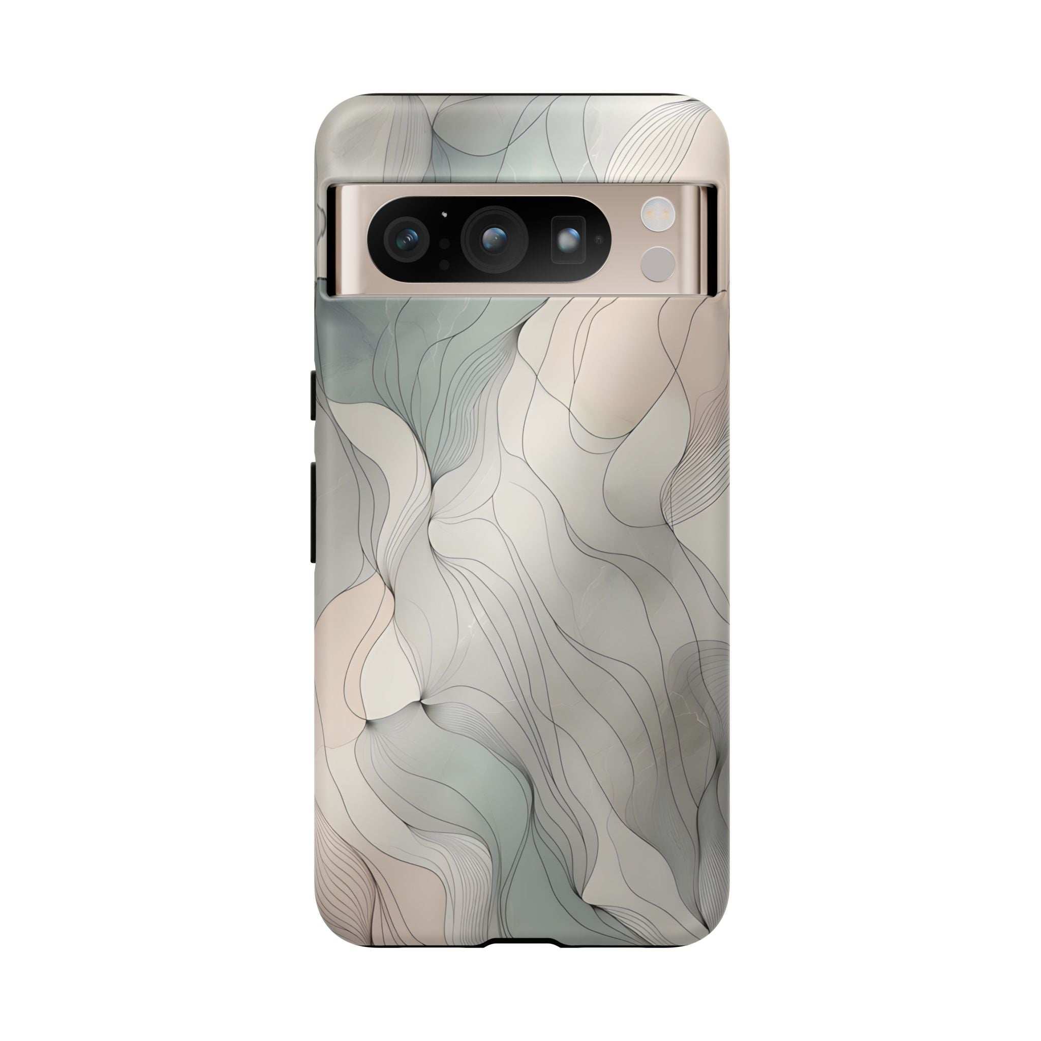 Pastel wave phone case front close-up featuring cream, teal, and gray wavy pattern