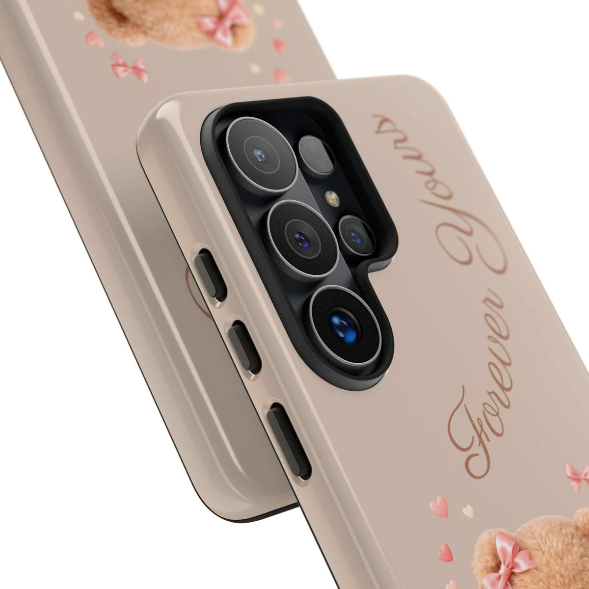 Beige phone case close-up showing triple camera cutout and “Forever Yours” lettering