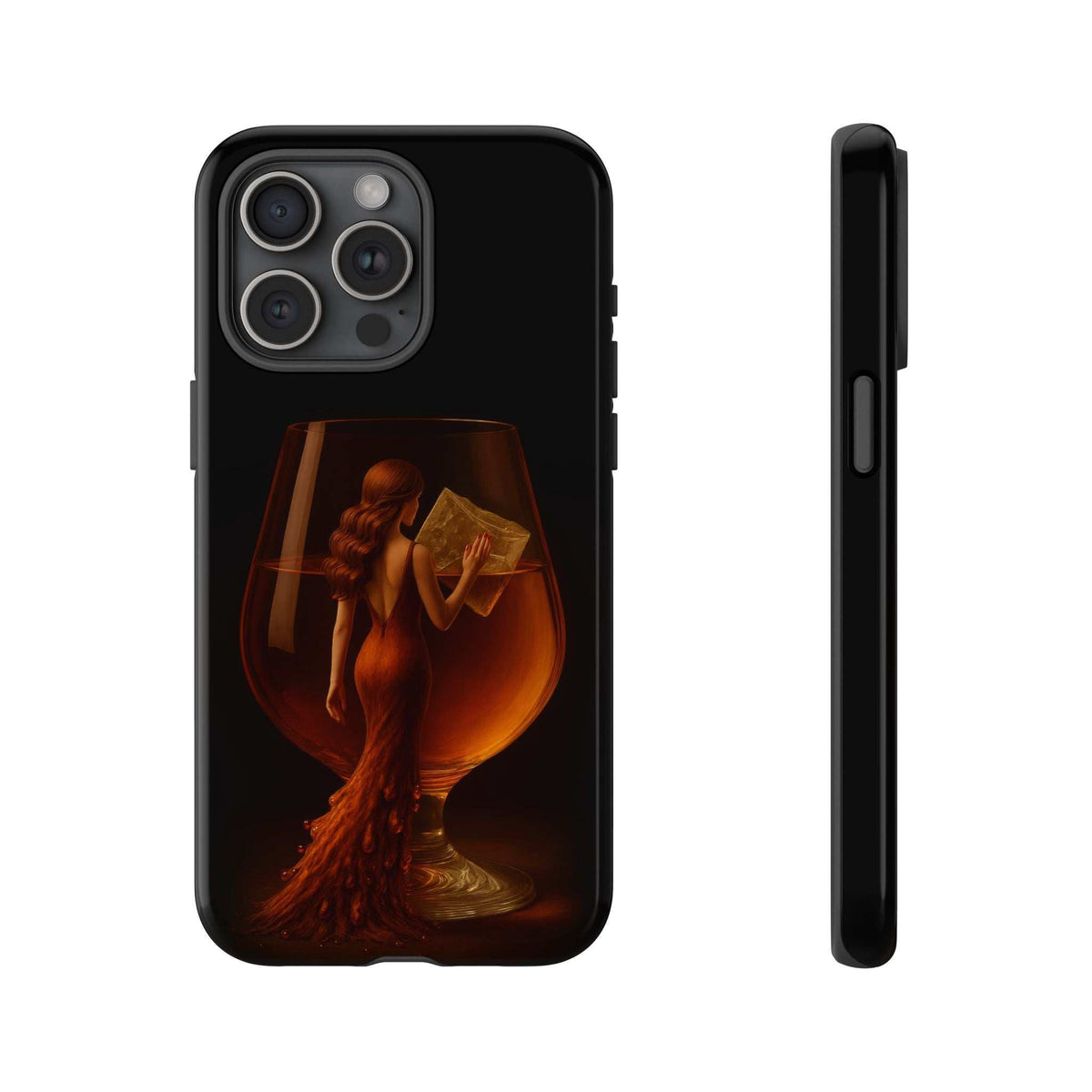 Glossy black phone case with lady holding book graphic; multi-camera cutouts and side view.