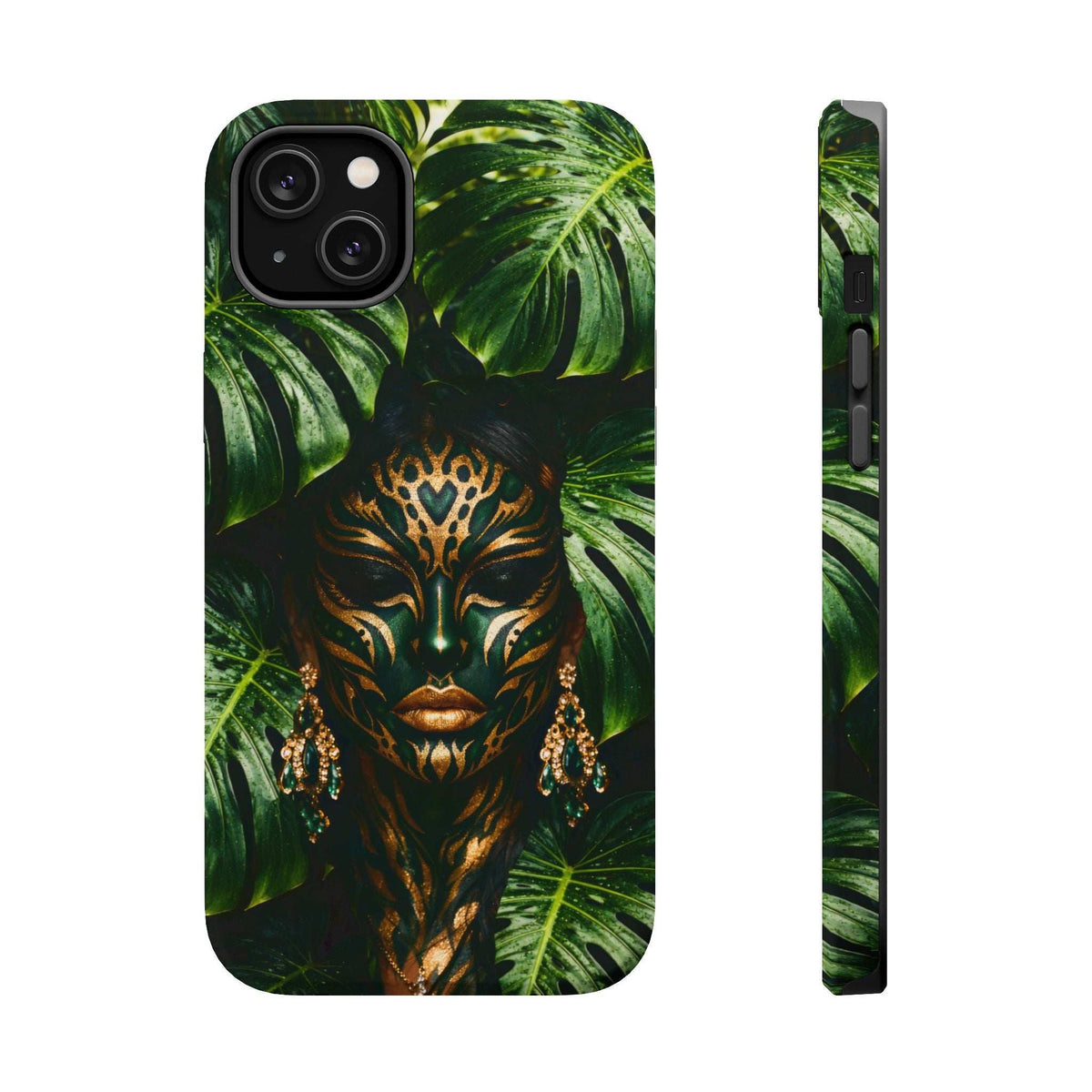 Jungle face mask phone case with green tropical leaves, front view