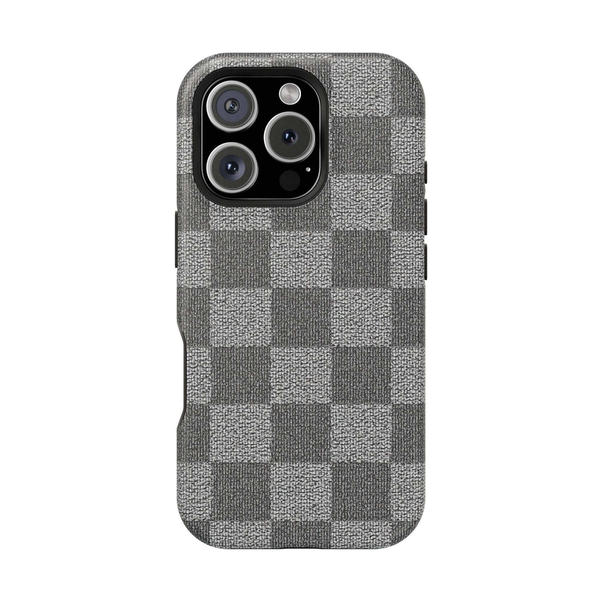 Gray checkered phone case with camera cutouts and visible side button cutout, textured fabric