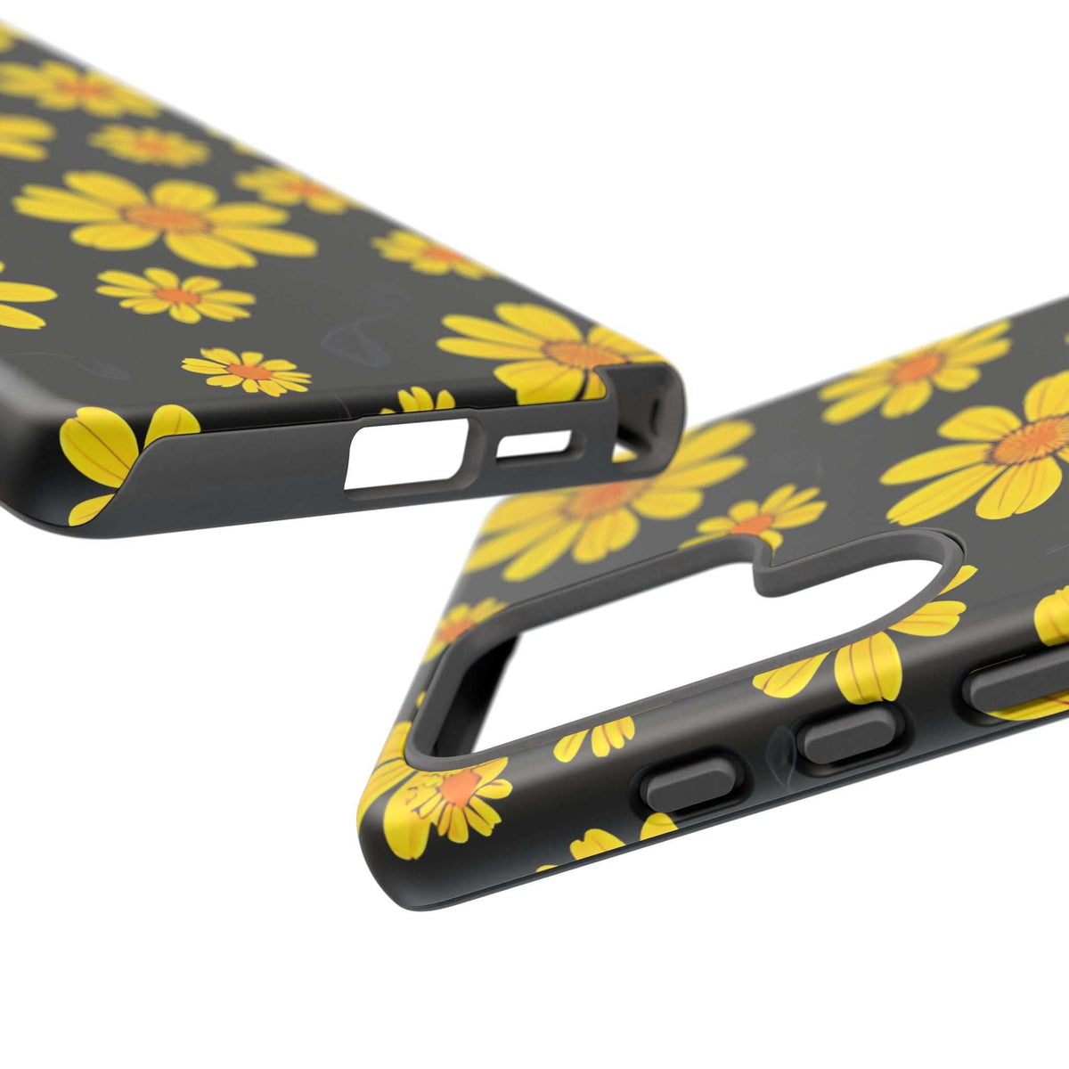 Black floral phone case with raised screen and side button openings