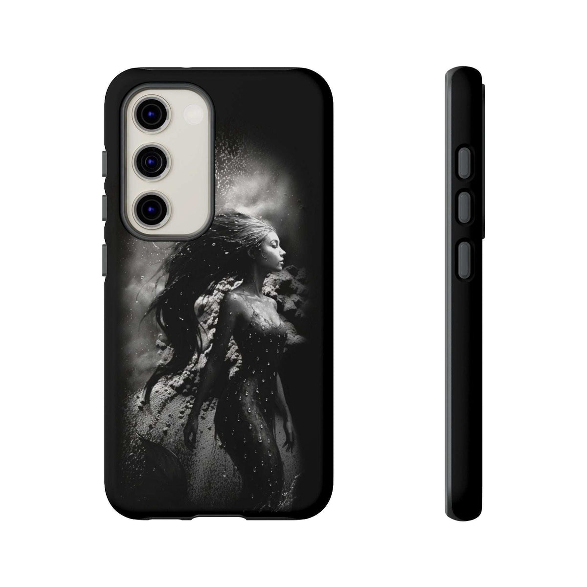 Black phone case with monochrome mermaid silhouette, light gray lens panel and side buttons