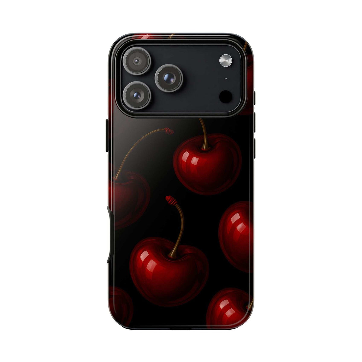Glossy black phone case with red cherries, camera cutouts and side button openings