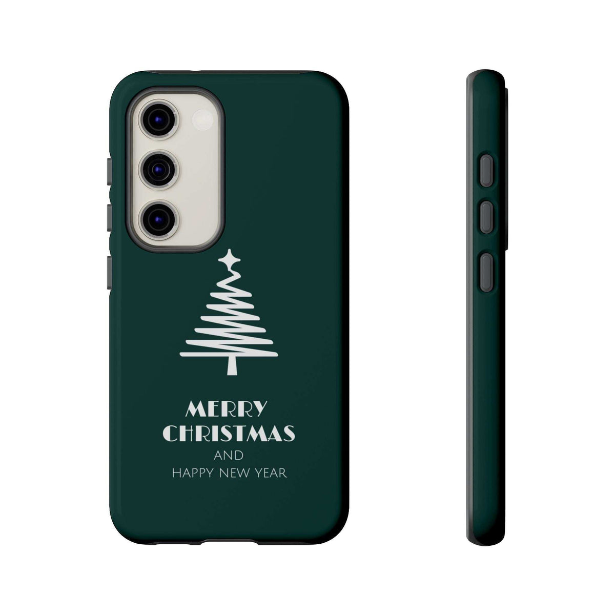 Dark green glossy phone case with white Christmas tree and “Merry Christmas” text