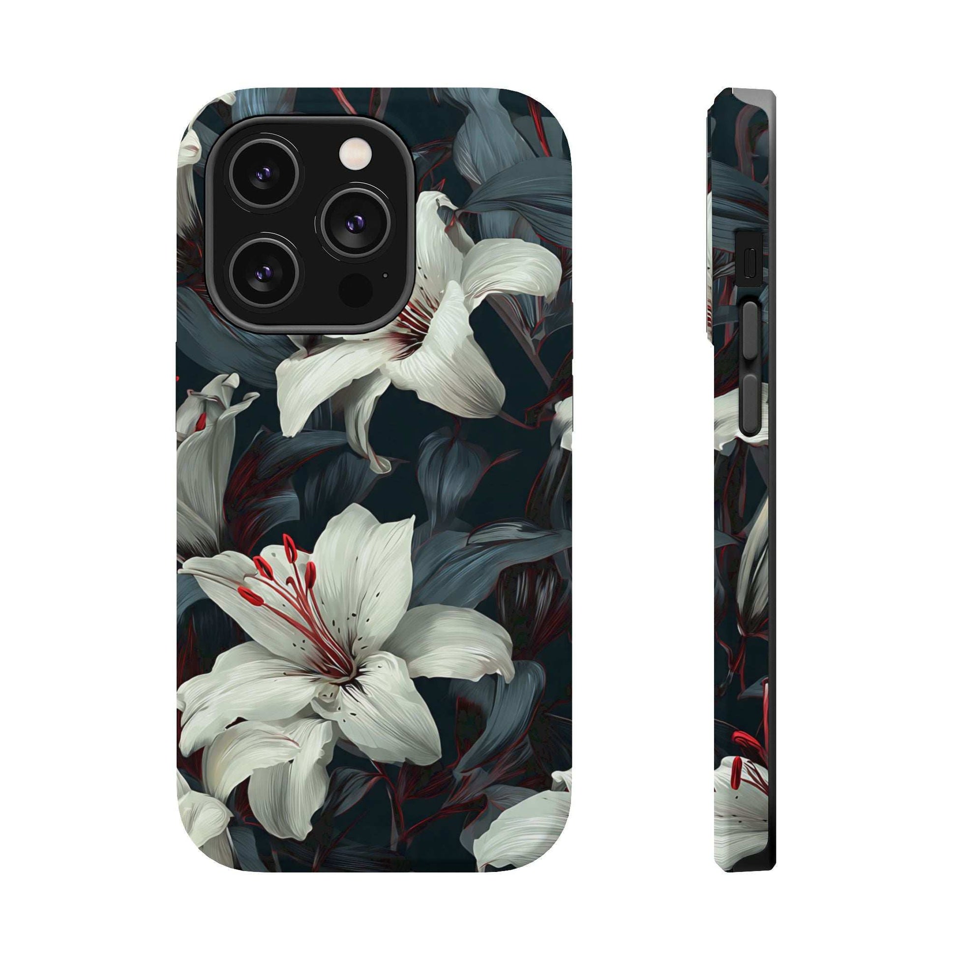 Phone case back with white lily floral design on dark background, button and camera cutouts