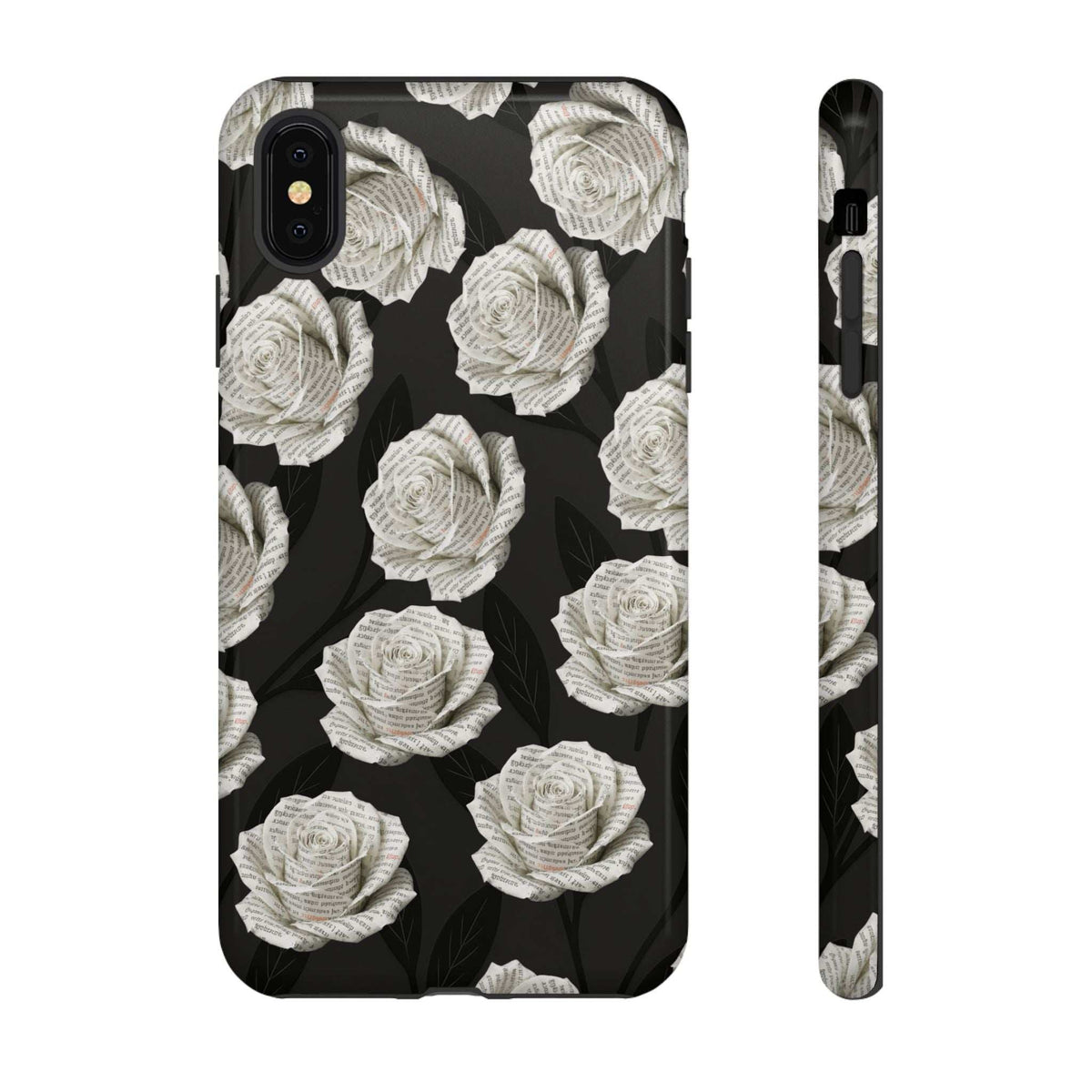 Black rose-print phone case with camera cutout and side buttons, protective corner edges